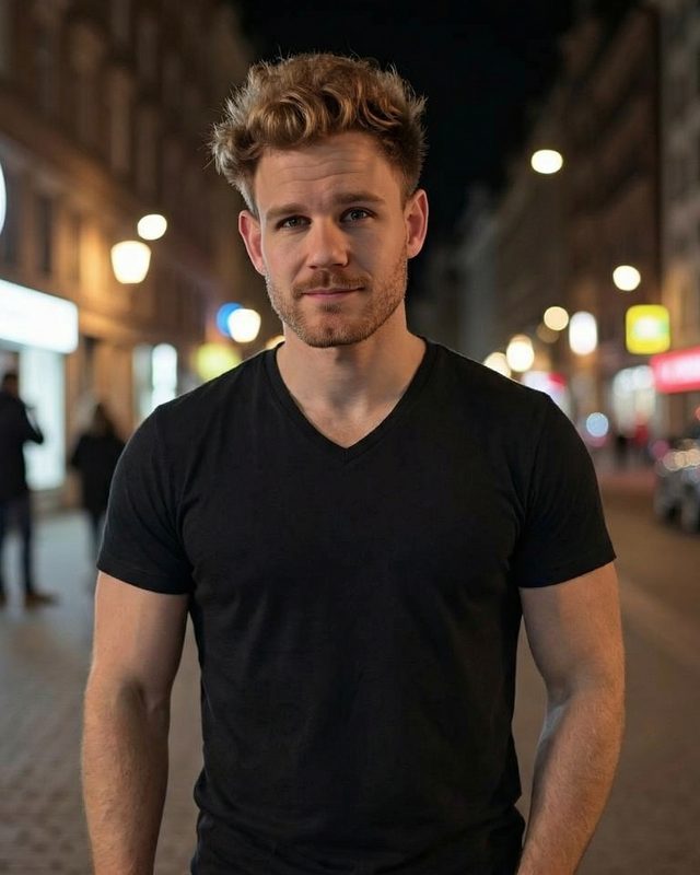 Connor Drake on a city street at night, in a black t-shirt, looking at the camera